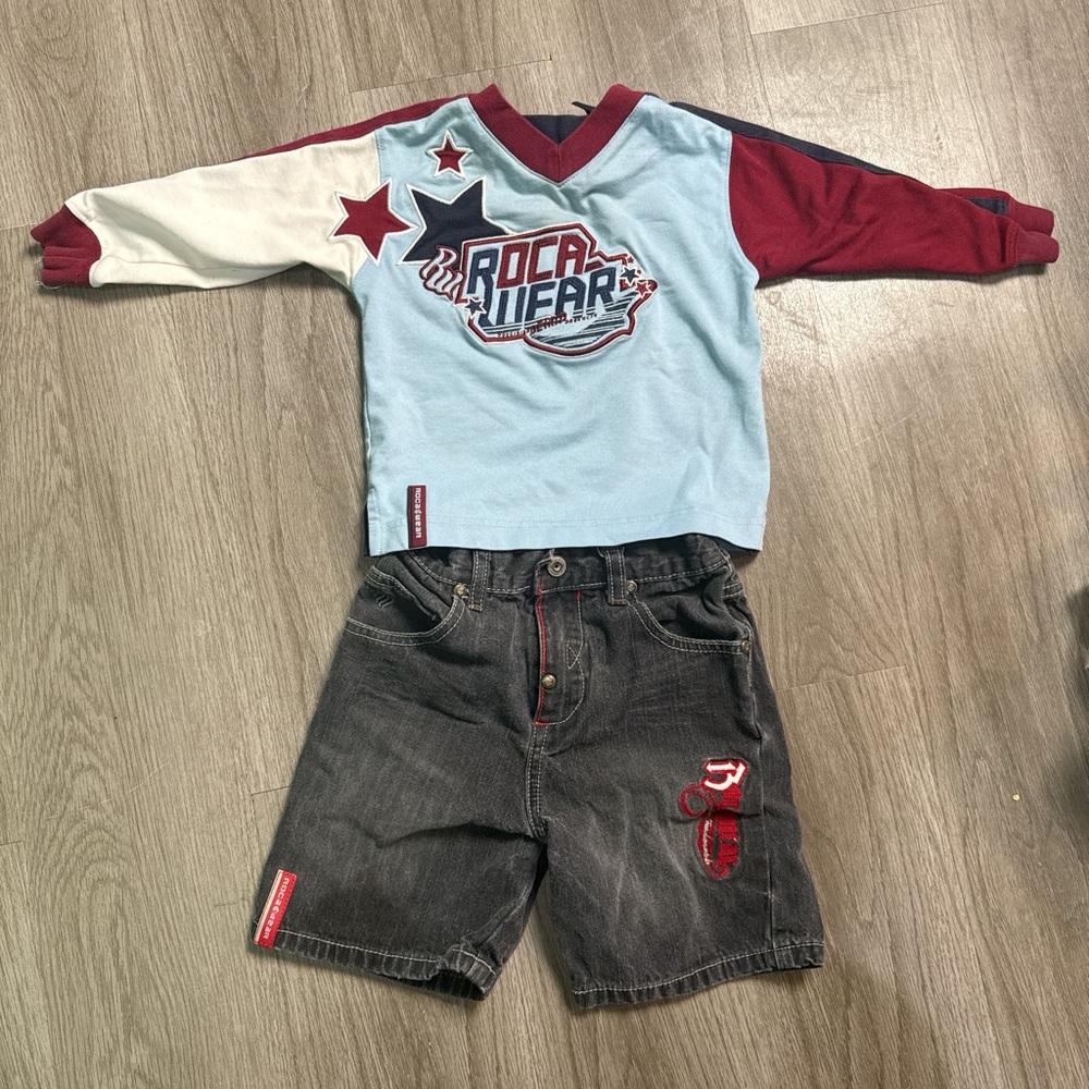 Rocawear Kids' Light Blue and Burgundy Long Sleeve Tee